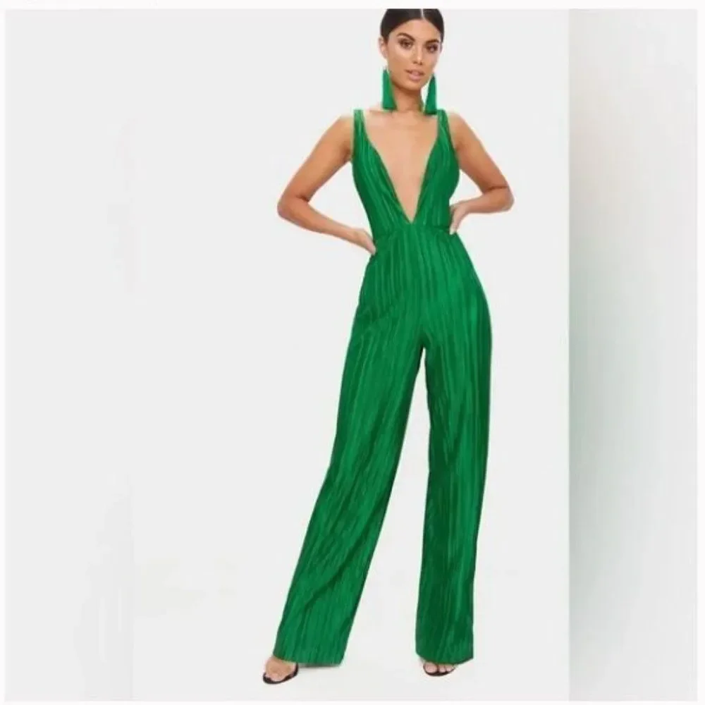 Green plisse plunge strappy jumpsuit - Picture 5 of 7